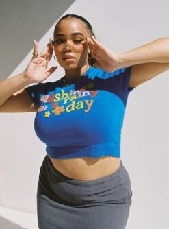 Sunshine On A Rainy Day Knit Top Blue Curve